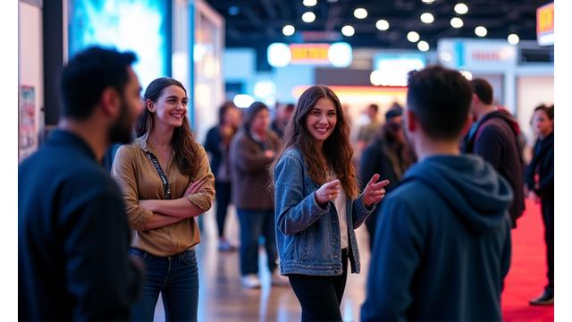 Group of diverse gamers at a lively convention booth