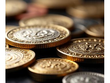 Pile of beautifully crafted, antique gold-finish metal coins used as gaming currency.