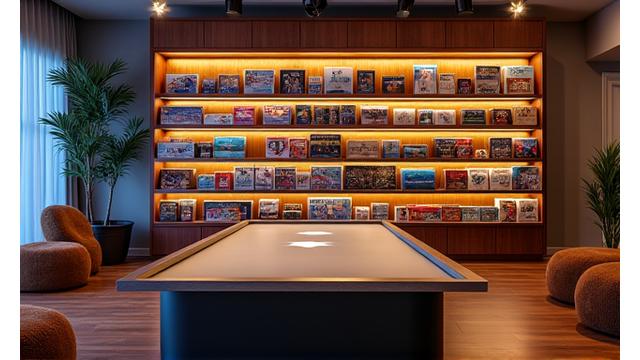 Cozy and well-lit game room setup with shelves full of board games, comfortable seating, and a large central gaming table, inviting atmosphere