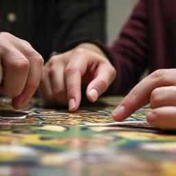 Experienced gamer patiently teaching a new player the rules of a complex board game, illustrating skill development