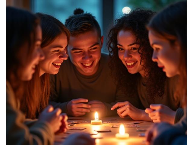 Group of friends intensely playing a social deduction game like The Resistance, engaging with each other