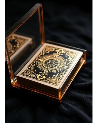 A rare, limited edition playing card deck in a special display case under soft, dramatic lighting.