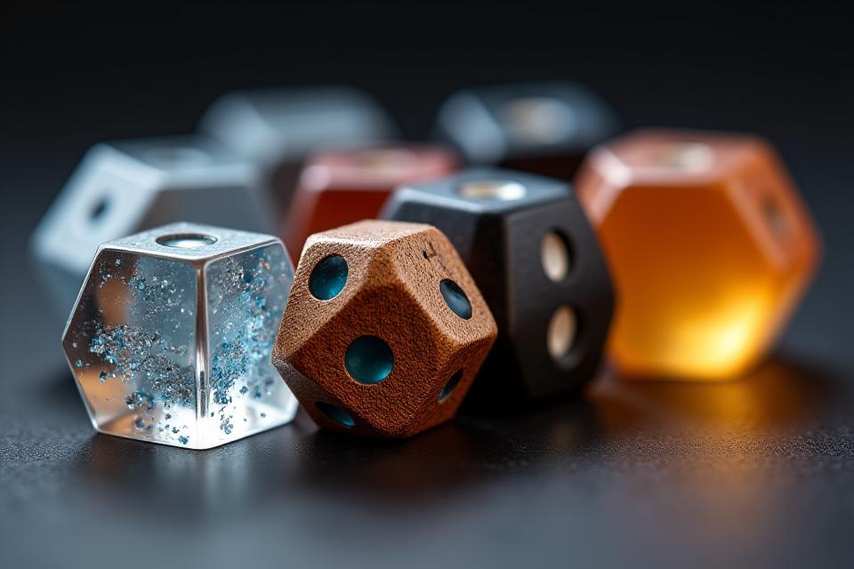 Diverse collection of dice made from various materials like clear resin, shiny metal, and natural stone, displayed on a dark velvet surface with intricate lighting.
