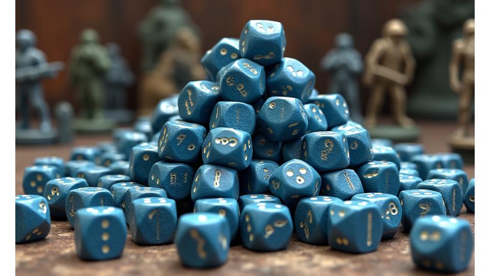 A large pile of standard and oversized six-sided dice, along with some d10s, used in wargaming, near painted miniatures and terrain pieces.