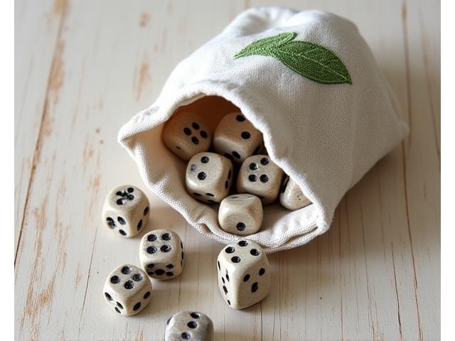 Dice bag made from organic cotton with a green leaf embroidery.