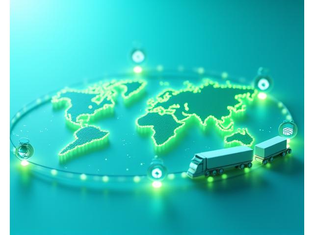 Stylized graphic of a supply chain with green arrows and eco-friendly symbols, depicting efficient movement.