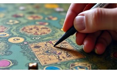 Hand pointing to a complex strategy map on a board game