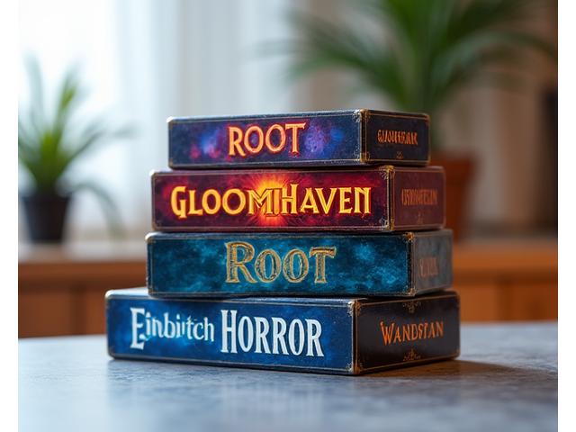 Stack of visually engaging modern board games like Gloomhaven and Wingspan