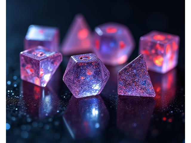 Collection of shimmering, intricately designed polyhedral dice set on a dark, reflective surface