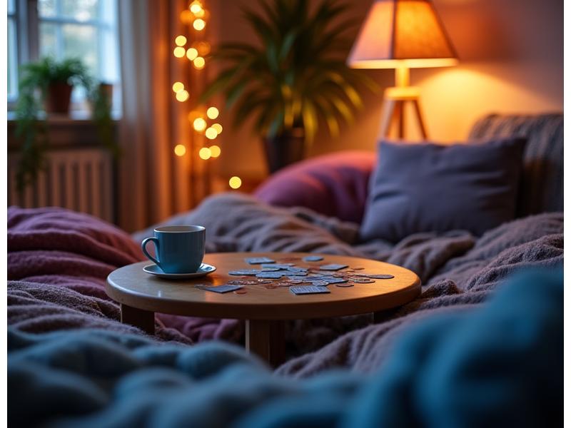 Cozy game night setup with a warm rug, comfortable seating, and a board game in progress