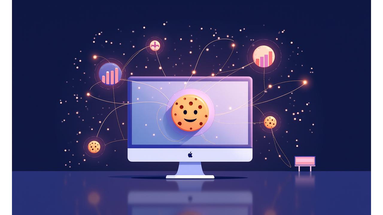 stylized graphic of browser window with cookies icon and network connection lines representing website tracking.